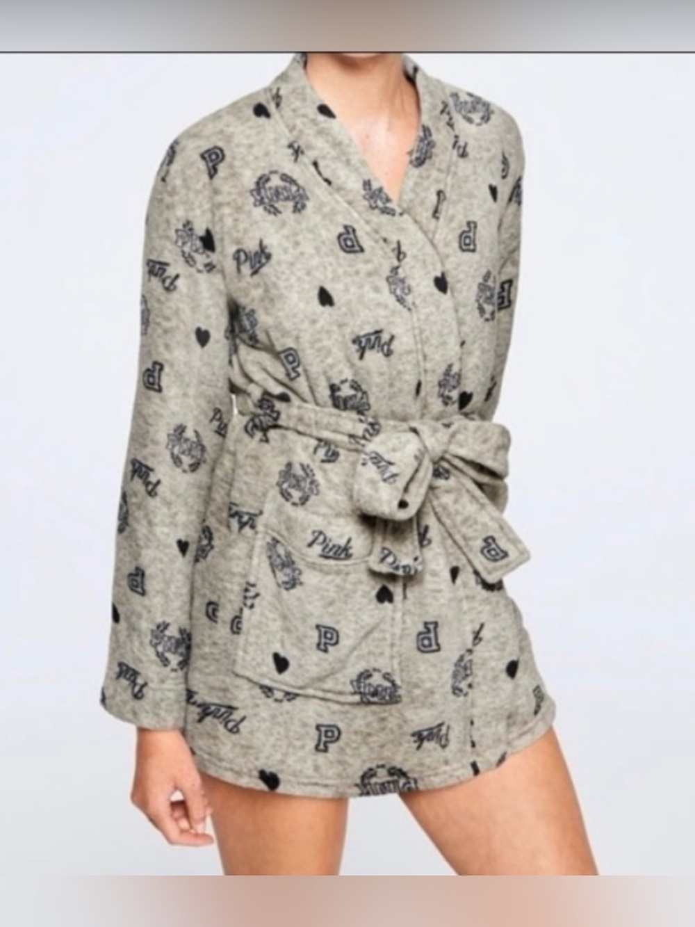 PINK VS Gray Plush Robe M/L Cozy Fleece Belted Lounge